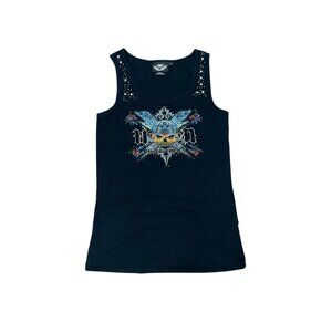 Harley Davidson Graphic Print Skull Tank Top Tee Bedazzled Jewel Black Wmns XL
